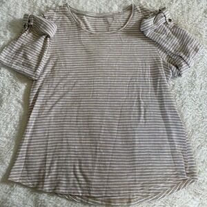 Chico's Striped Metallic Knit Top Roll Tab Sleeve Gold Accents Size 1 (Medium)